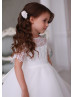 Short Sleeve Ivory Lace Tulle Long Flower Girl Dress Short Sleeve Ivory Lace Tulle Long Flower Girl Dress